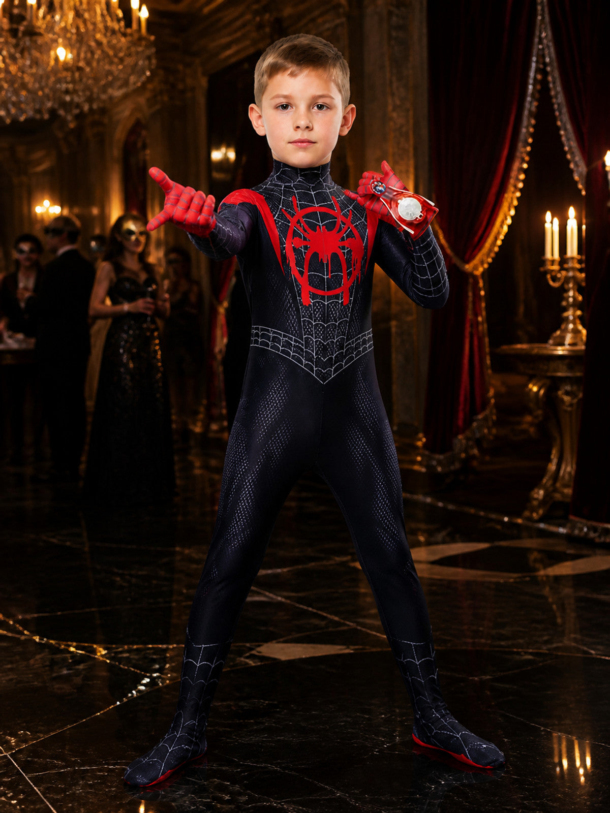 Boys' Miles Spider-Man Bodysuit Costume with Mask and Web Shooter Costume Masks detail