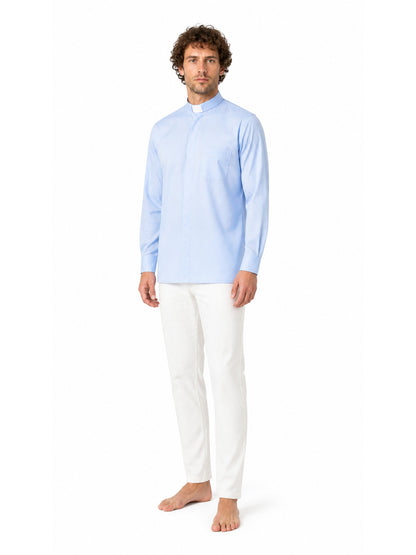 Blue Stand-Collar Long-Sleeve Shirt with Pocket product detail