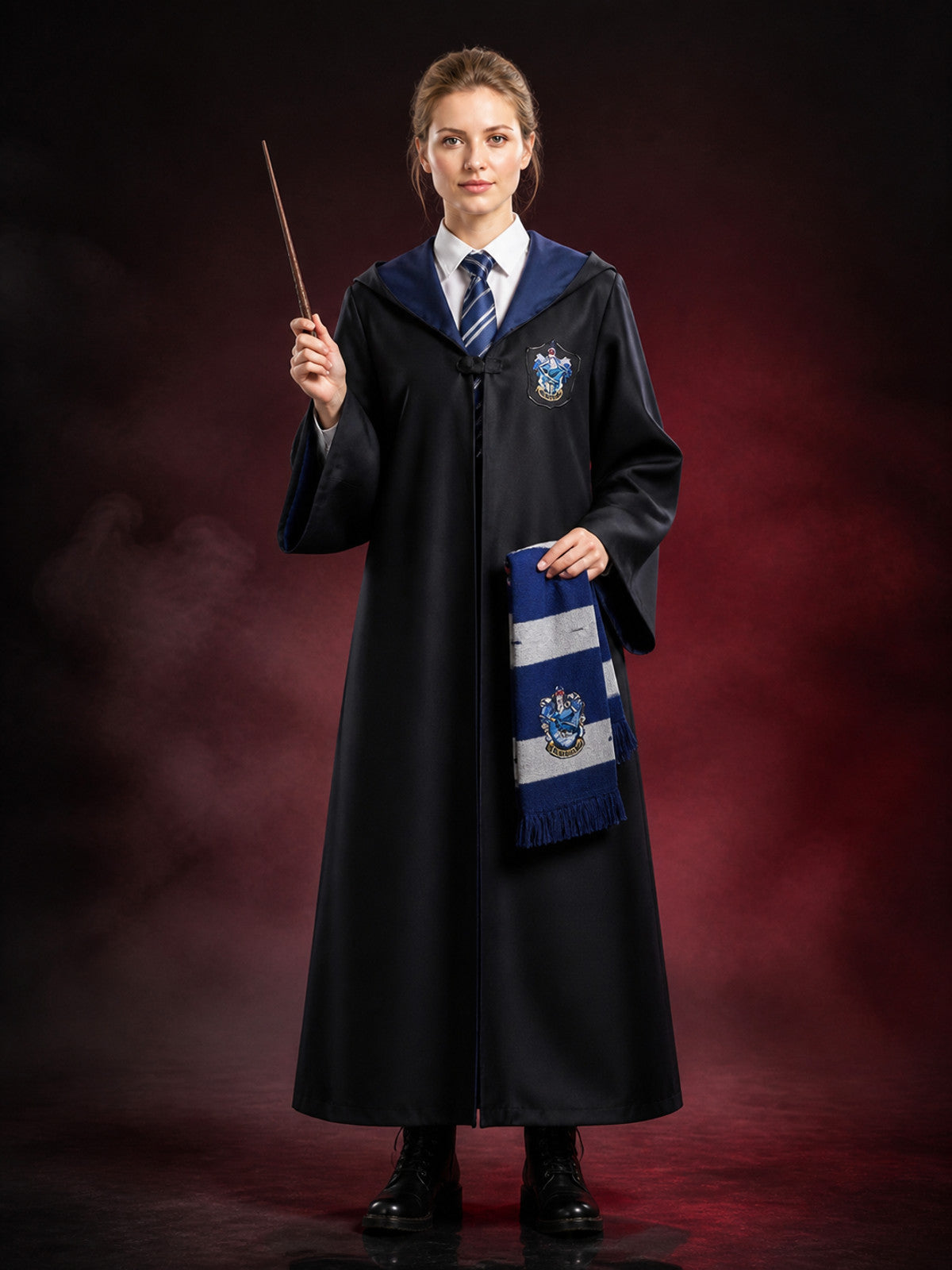 Ravenclaw-Themed Hooded Wizard Robe 3-Piece Costume Set with Tie and Scarf