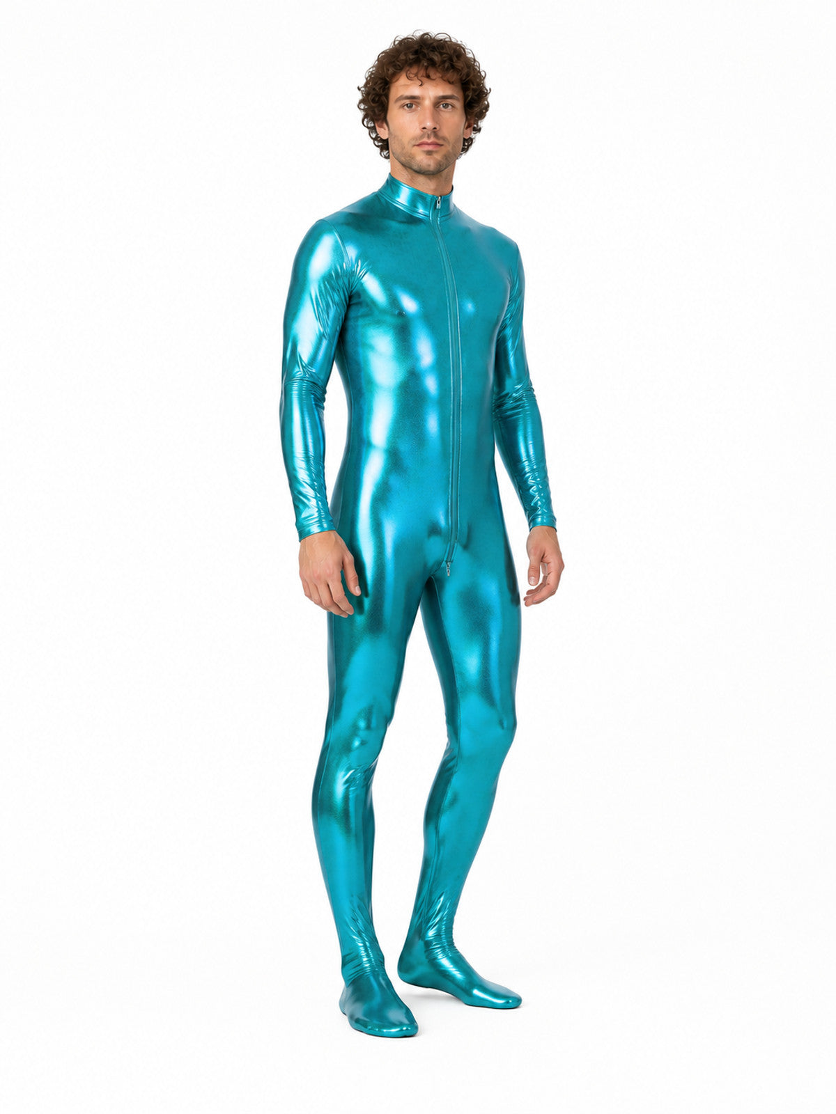 Glossy form-fitting jumpsuit with a zipper for the stage