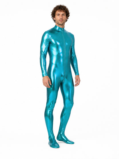 Glossy form-fitting jumpsuit with a zipper for the stage
