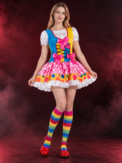 Clown Costume: Multicolored Dress with Bows and Ruffles