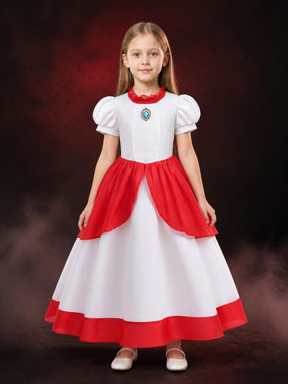 Girls Princess Costume Dress, White and Red Puff Sleeve Dress with Lace Collar