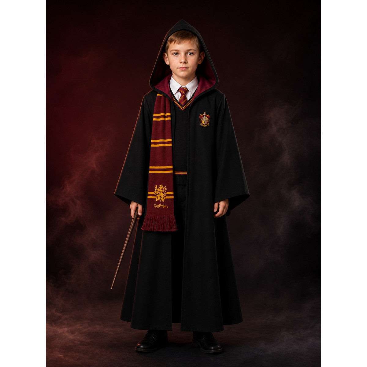 Hooded Wizard Robe Costume Set With School Crest, Tie, Scarf, Vest And Wand main product view