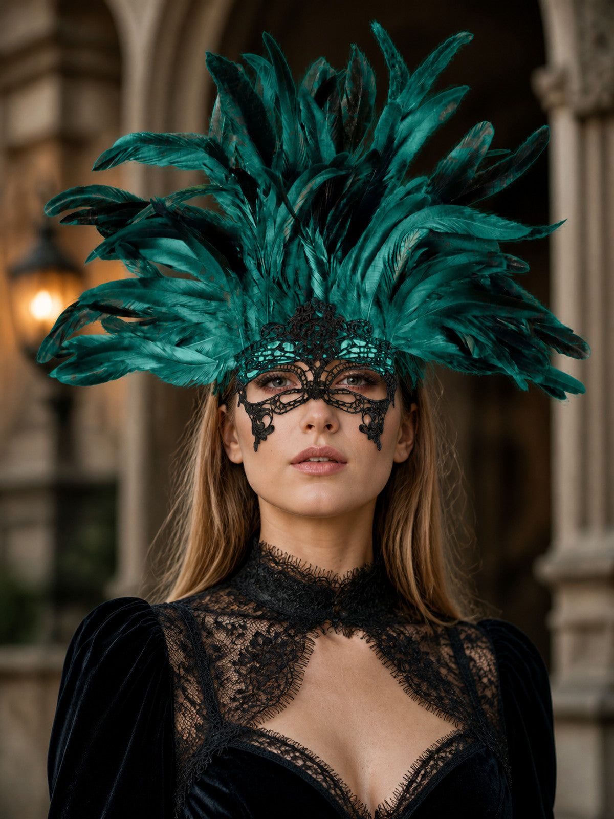 1pc Green Feather Headpiece With Black Lace Eye Mask, Exaggerated Party Style