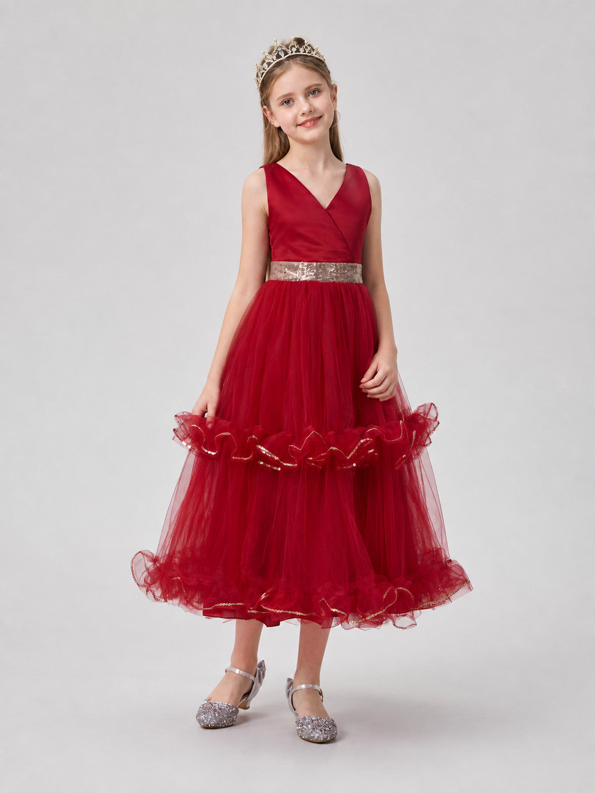 Burgundy Long Princess Dress with V-Neck for Performances