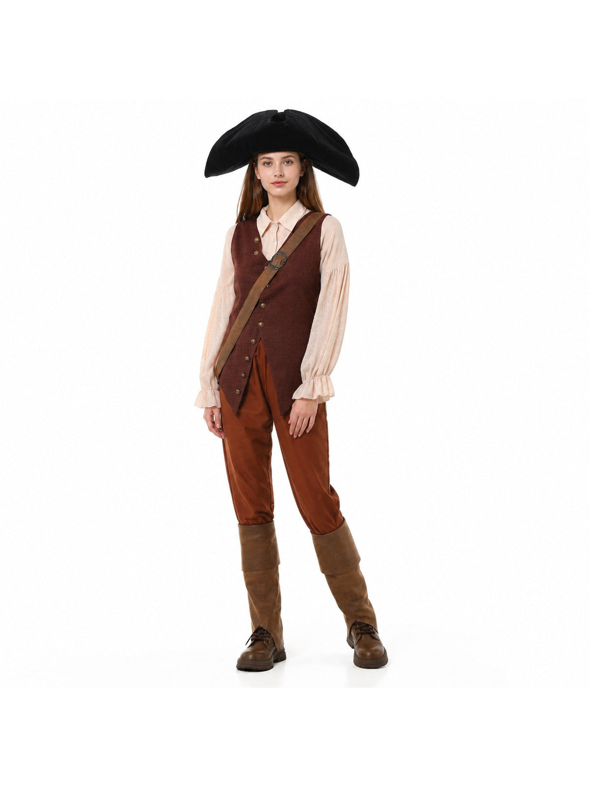 Pirate costume with vest, pants, and wide-brimmed hat