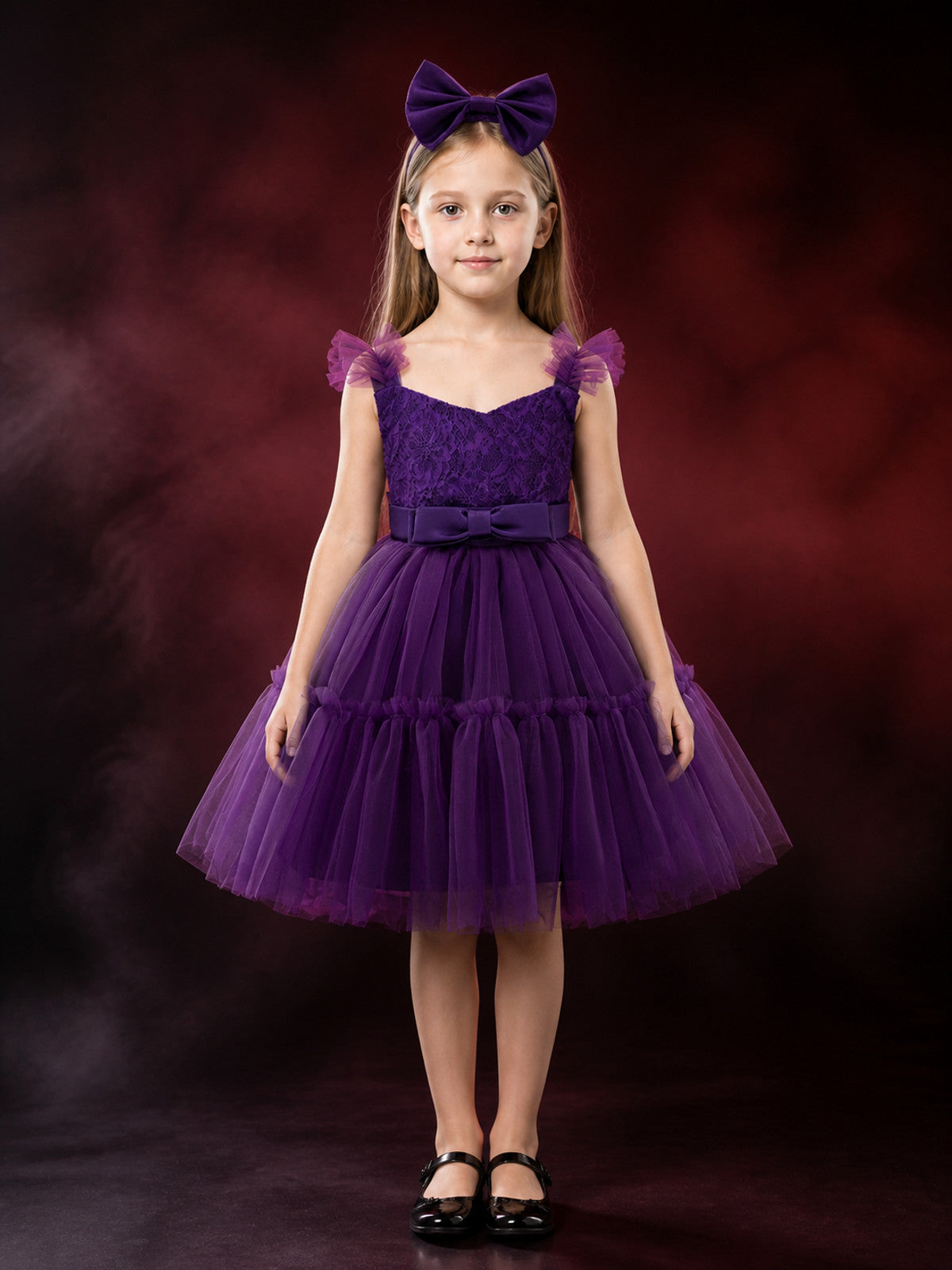 Toddler Girls' Purple Princess Dress with Layered Tulle Skirt and Bow Headband main product view