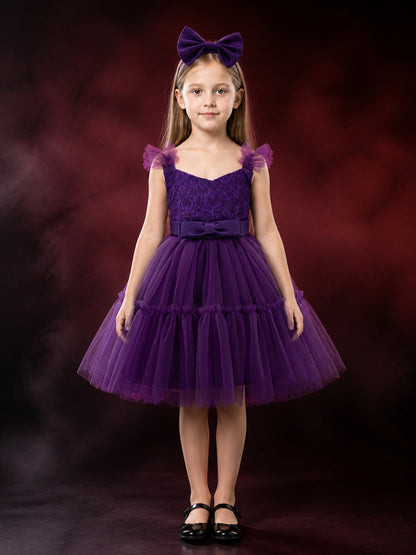 Toddler Girls' Purple Princess Dress with Layered Tulle Skirt and Bow Headband main product view