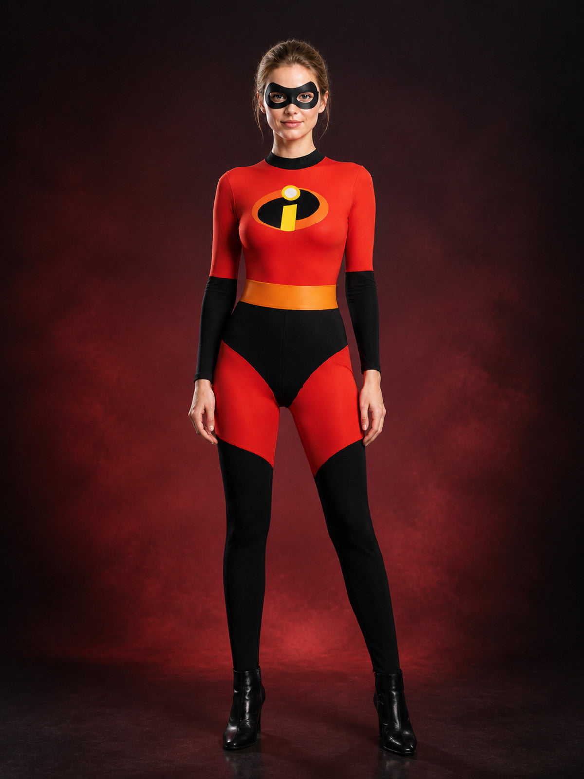 Kids Superhero Costume, Red-Black Bodysuit With Gold Belt and Chest Badge for
