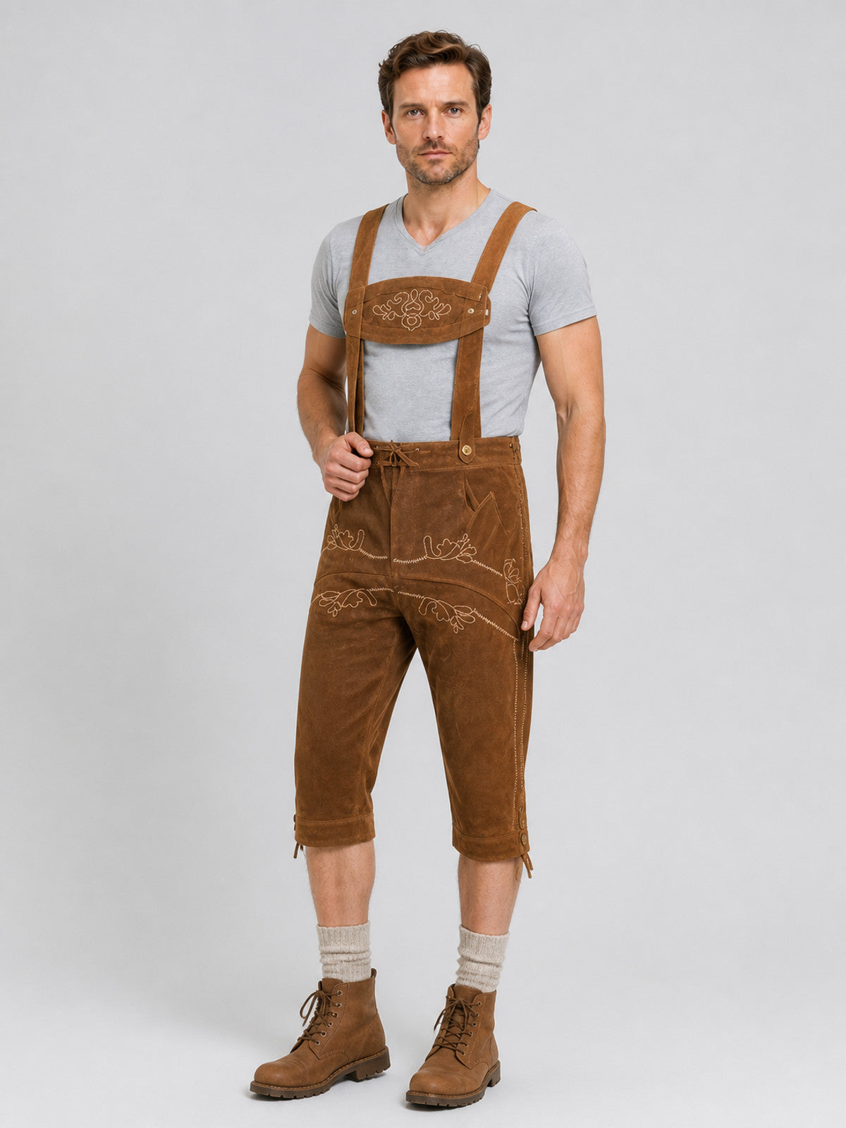 Oktoberfest Embroidered Bib Pants with Suspenders, Brown product detail