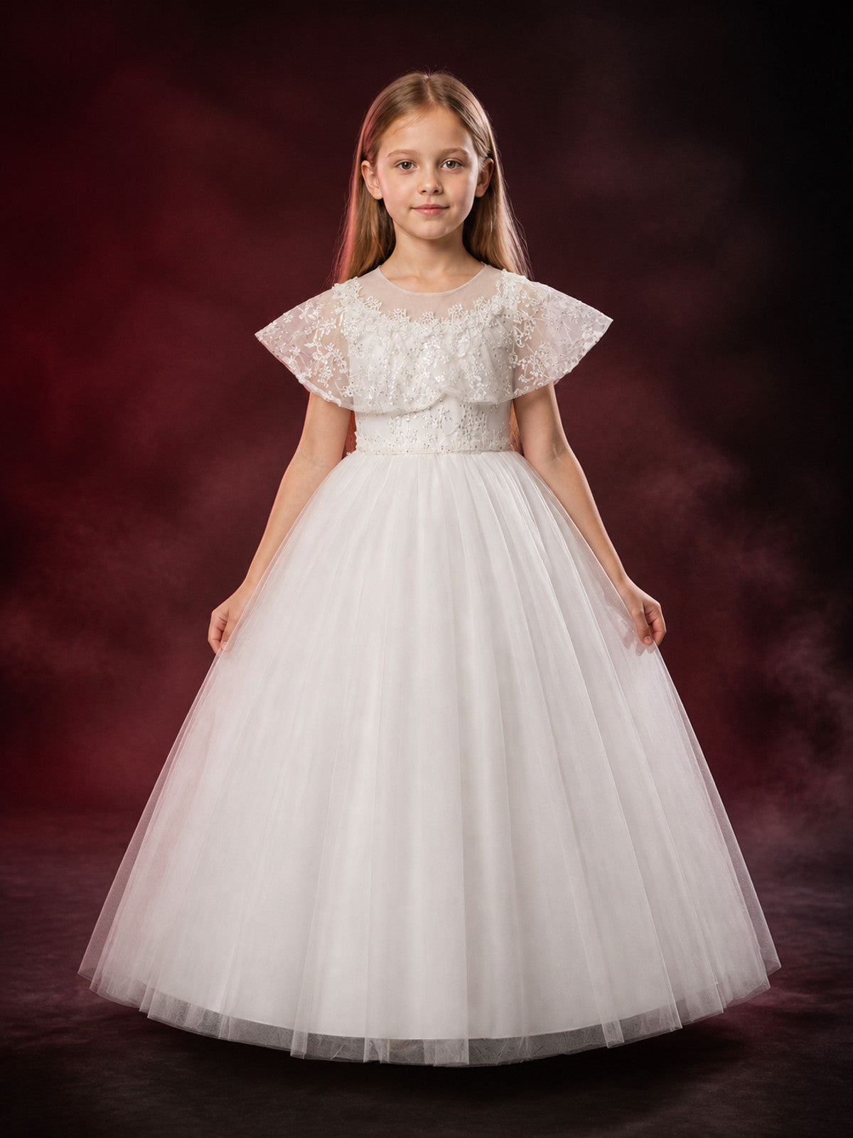 Girls' White Princess Dress, Sequin Floral Lace Tulle Formal Gown, 8Y-12Y main product view