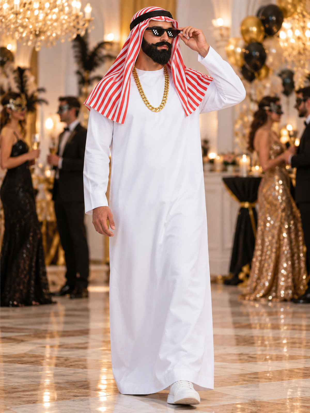 Arab Sheikh Carnival Costume: Robe, Headscarf, Chain