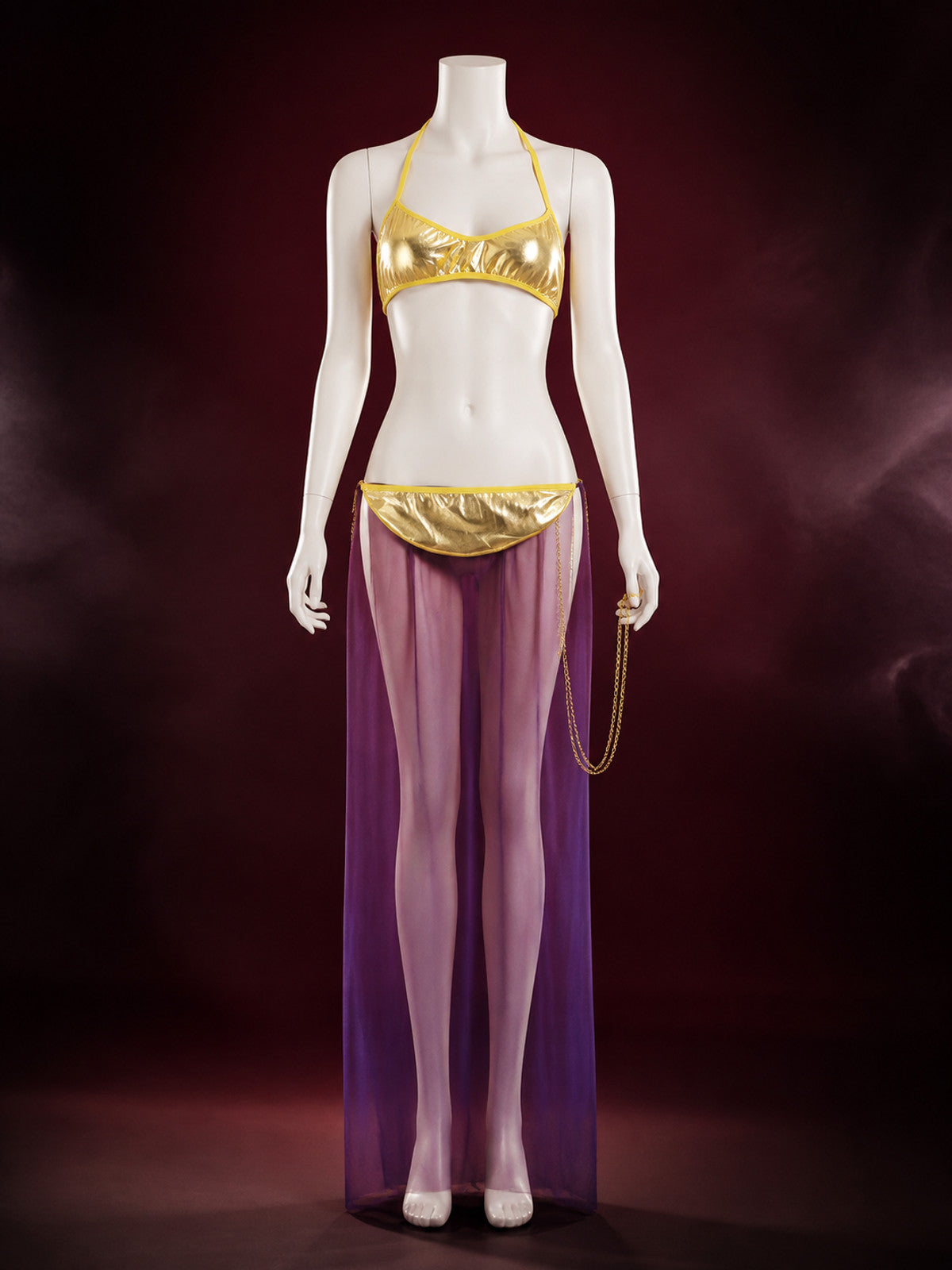 Egyptian Queen Two-Piece Costume Set, Gold Crop Top, Purple Skirt With Chain main product view