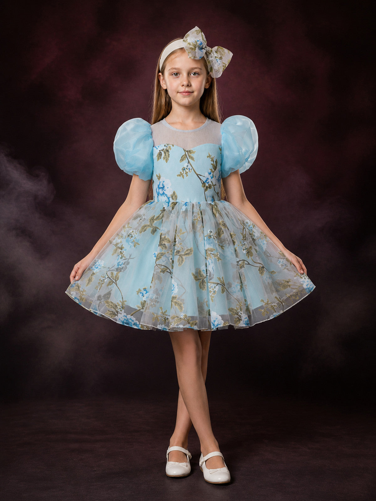 Girls' Floral Princess Party Dress With Puff Sleeves, Tulle Skirt & Bow Headband main product view