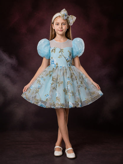 Girls' Floral Princess Party Dress With Puff Sleeves, Tulle Skirt & Bow Headband main product view