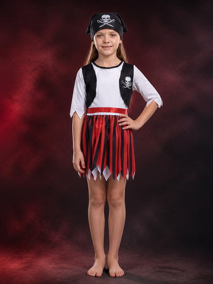 Kids Pirate Costume Set, White Top with Black Vest and Red Black Striped Skirt