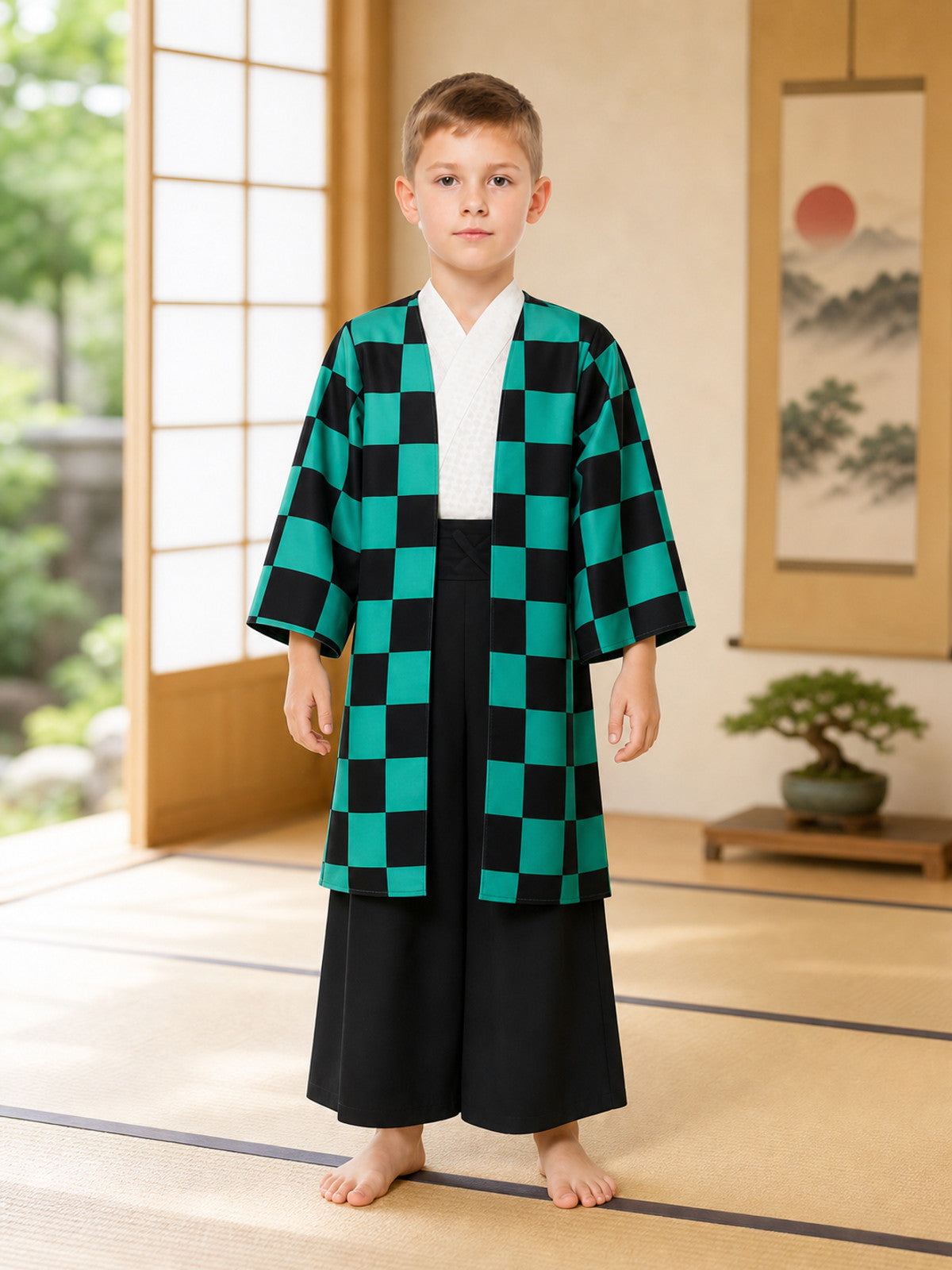 Kids' anime-style plaid jacket, size S lifestyle view