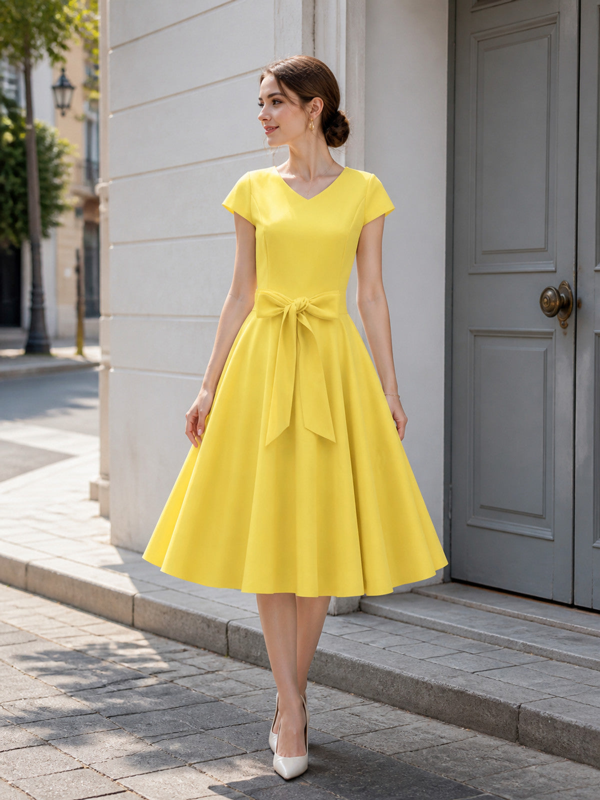 Yellow Dress with V-Neck, Short Sleeves, and Bow Costume Dresses detail