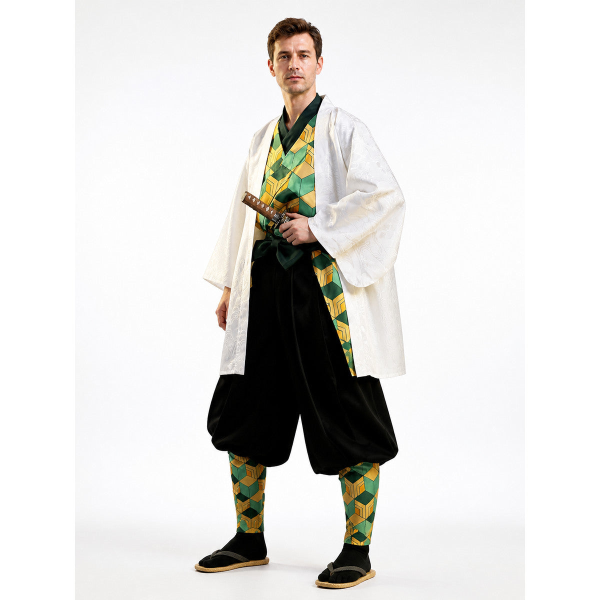 Sabito Cosplay Costume with White Haori and Geometric Pattern Costumes detail