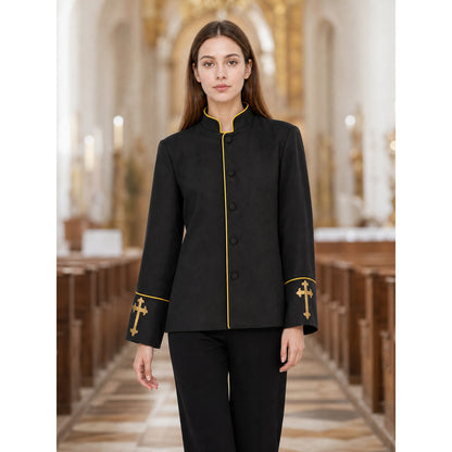 Stand-Collar Jacket with Gold Trim and Crosses lifestyle view