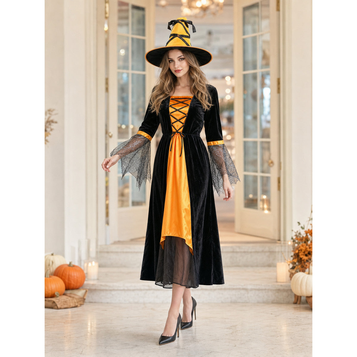 Halloween witch costume with dress and hat lifestyle view