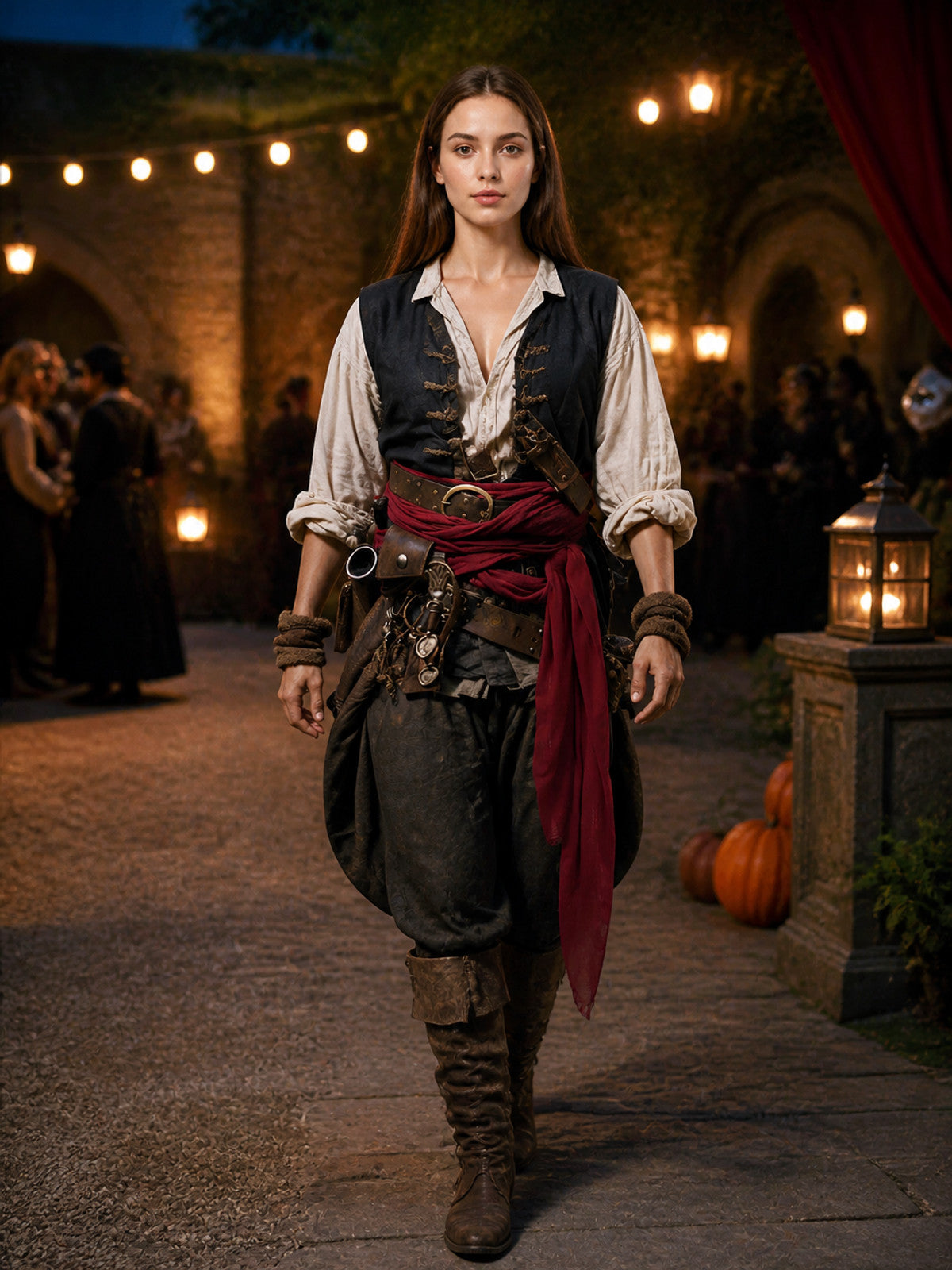 Women's Red Pirate Waist Sash Wrap Belt with Long Front Drape, Halloween Cosplay