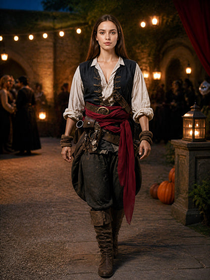 Women's Red Pirate Waist Sash Wrap Belt with Long Front Drape, Halloween Cosplay