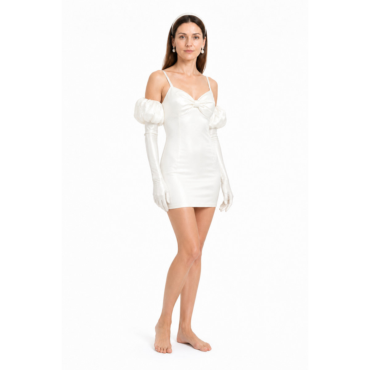 Short White Dress with Puff Sleeves and a Bow Costume Dresses detail