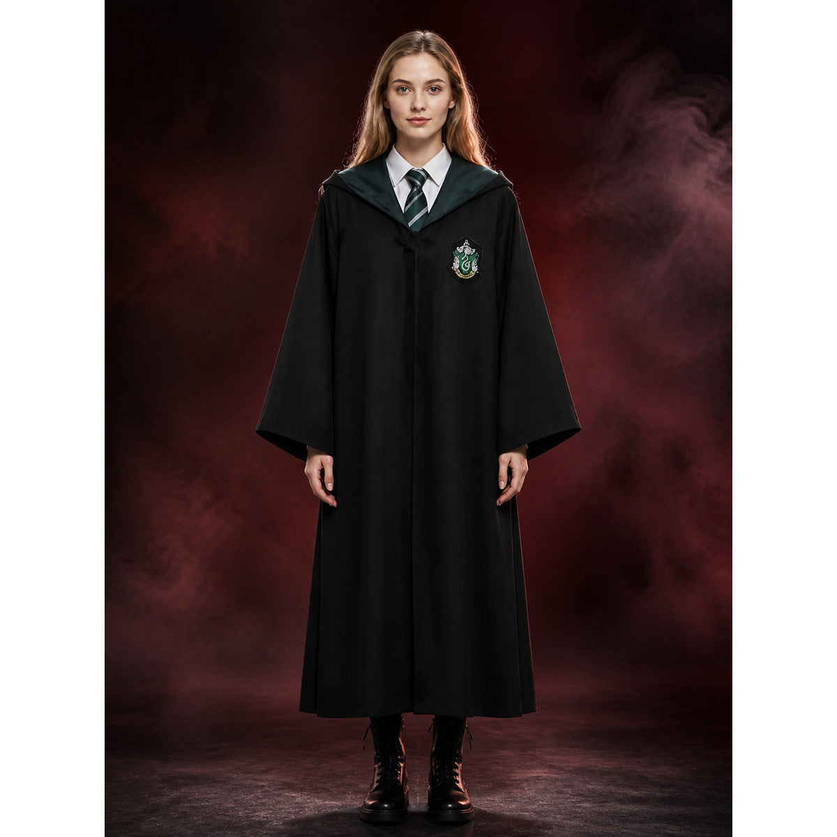 Wizard Robe Costume Set with Striped Tie, Long Black and Green Halloween Cosplay main product view