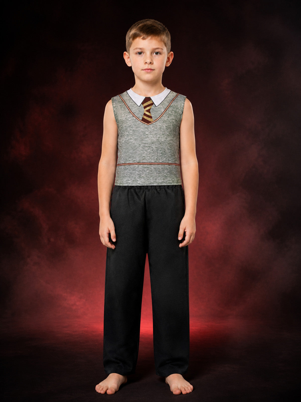Children's Wizard Costume Set with Gray Sleeveless Top, Black Pants and Red-Gold