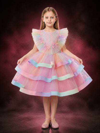 Baby Girls' Rainbow Tulle Princess Dress With Layered Skirt, Sequins And Lace main product view