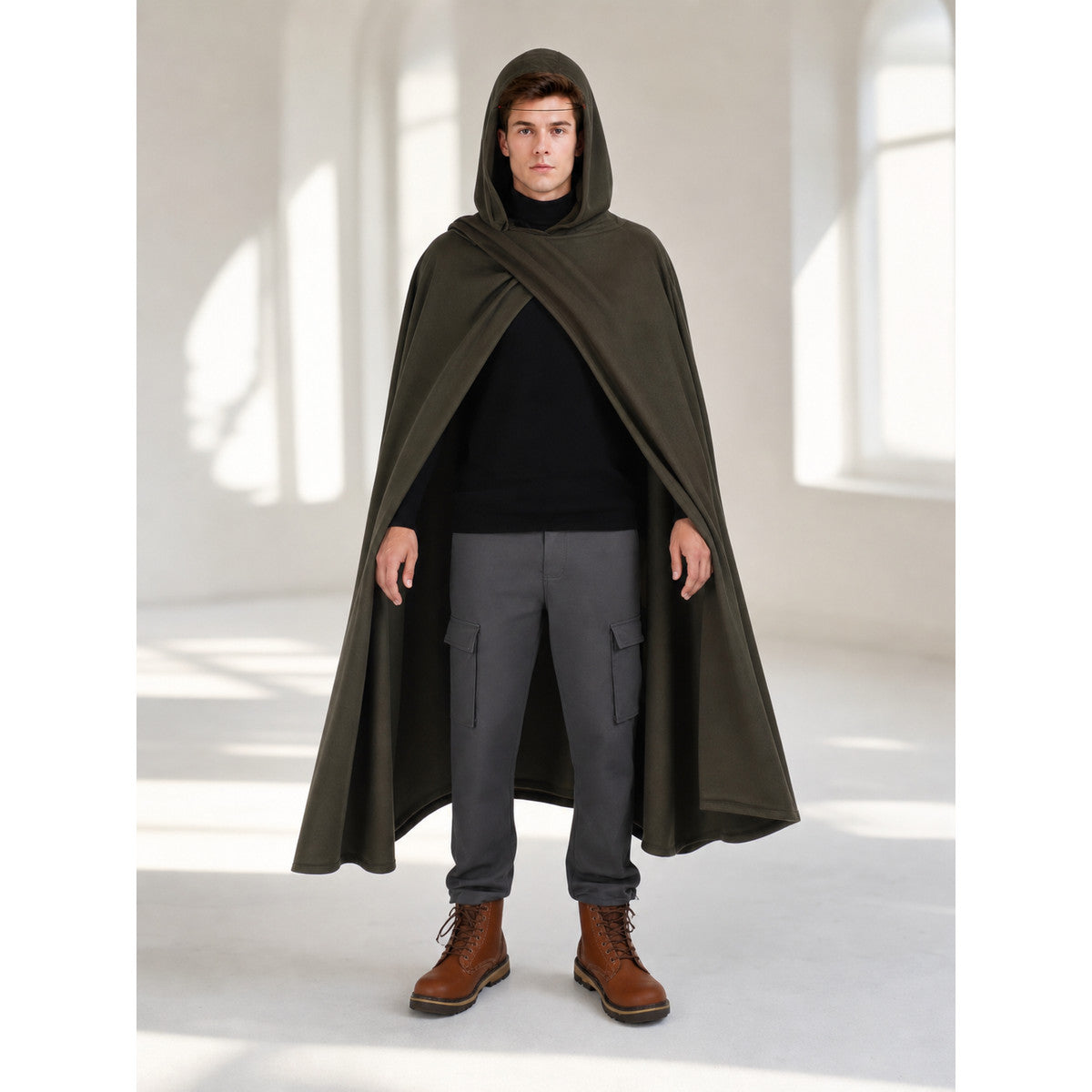 Long Olive Hooded Cloak for Cosplay