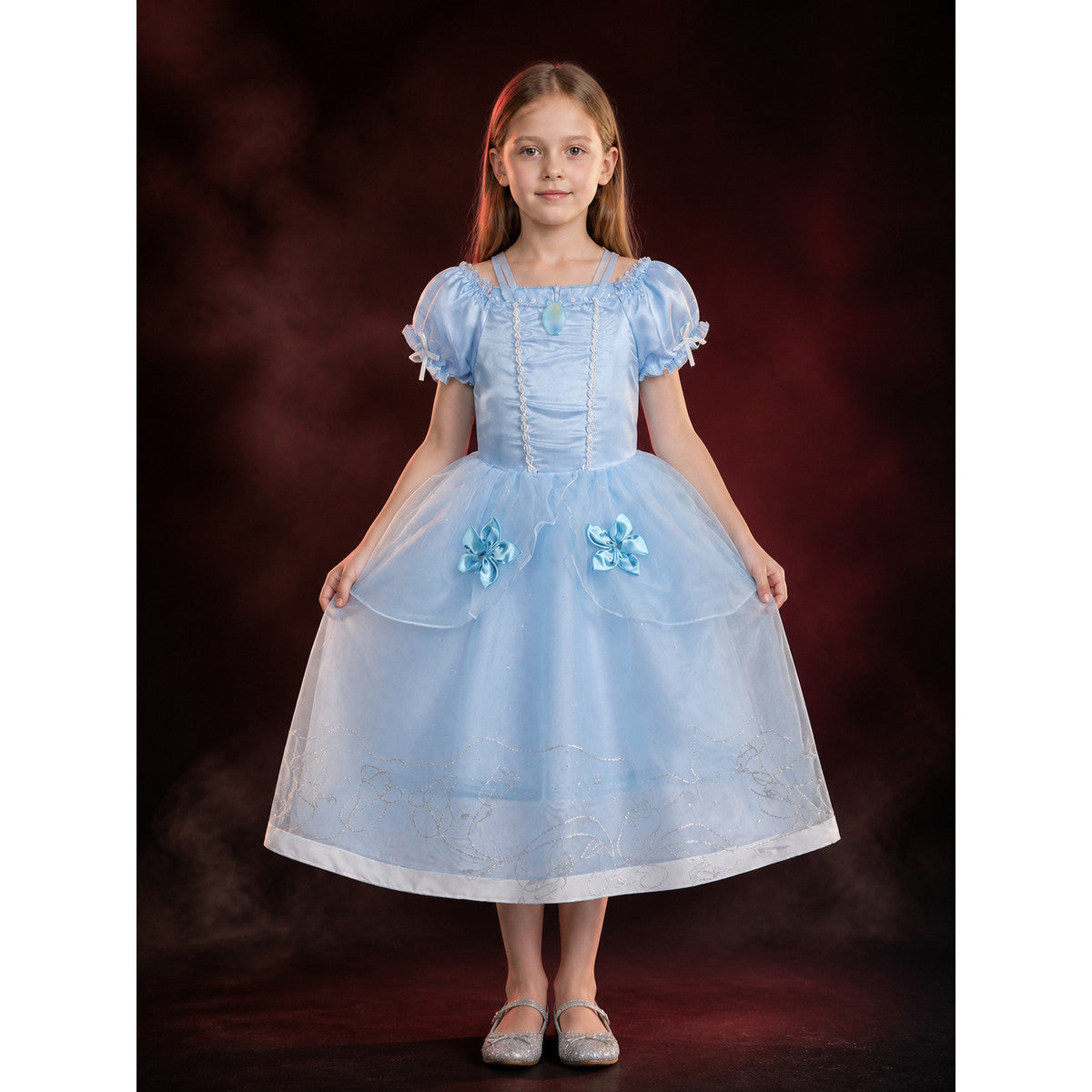 Kids Princess Costume Dress, Light Blue Puffy Sleeve Tutu Skirt with Flower main product view