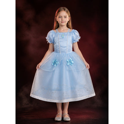 Kids Princess Costume Dress, Light Blue Puffy Sleeve Tutu Skirt with Flower main product view