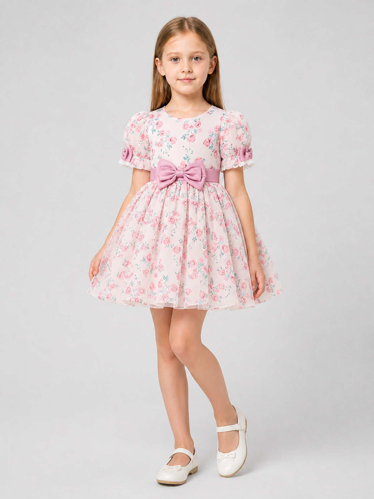 Dressy “Princess” Dress with Floral Print and Bow