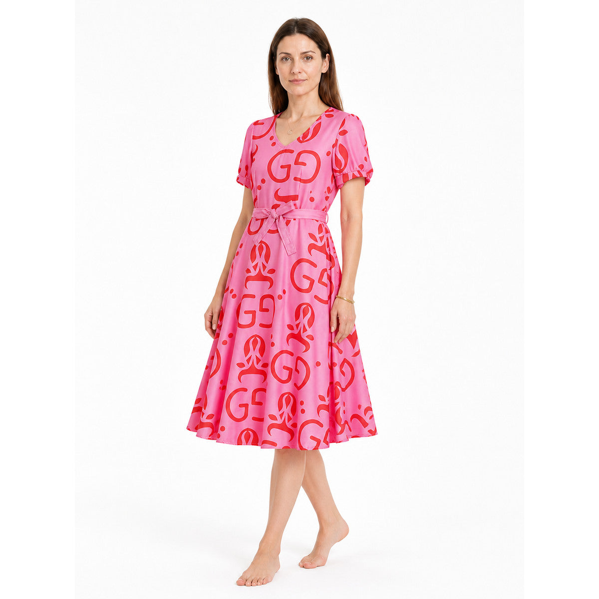 Pink cosplay dress with red print and accessories Costume Dresses detail
