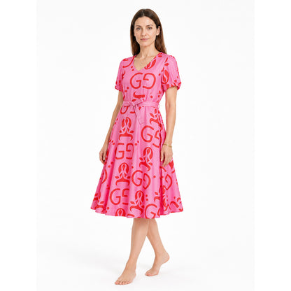 Pink cosplay dress with red print and accessories Costume Dresses detail