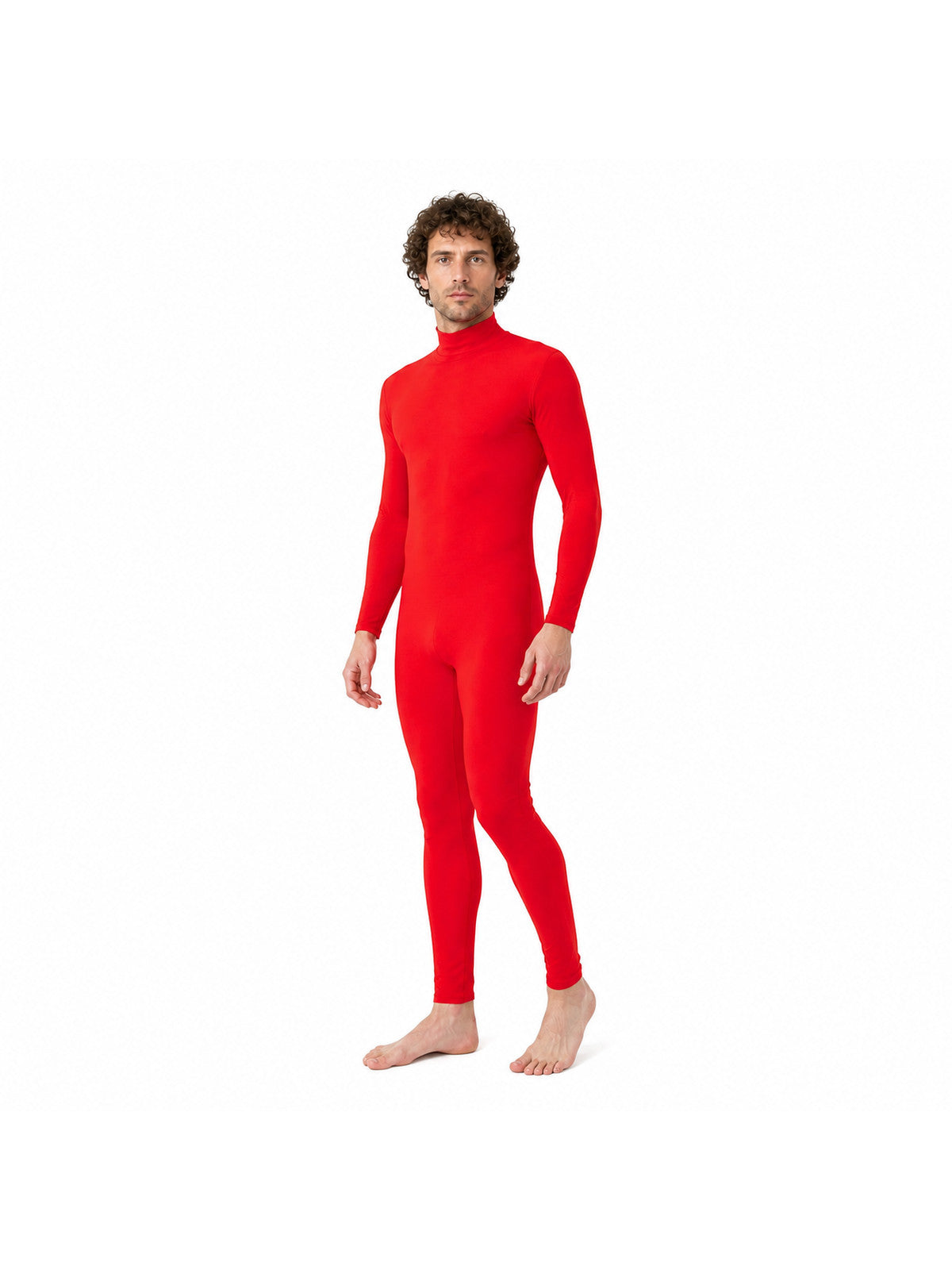 Red form-fitting jumpsuit with a high collar
