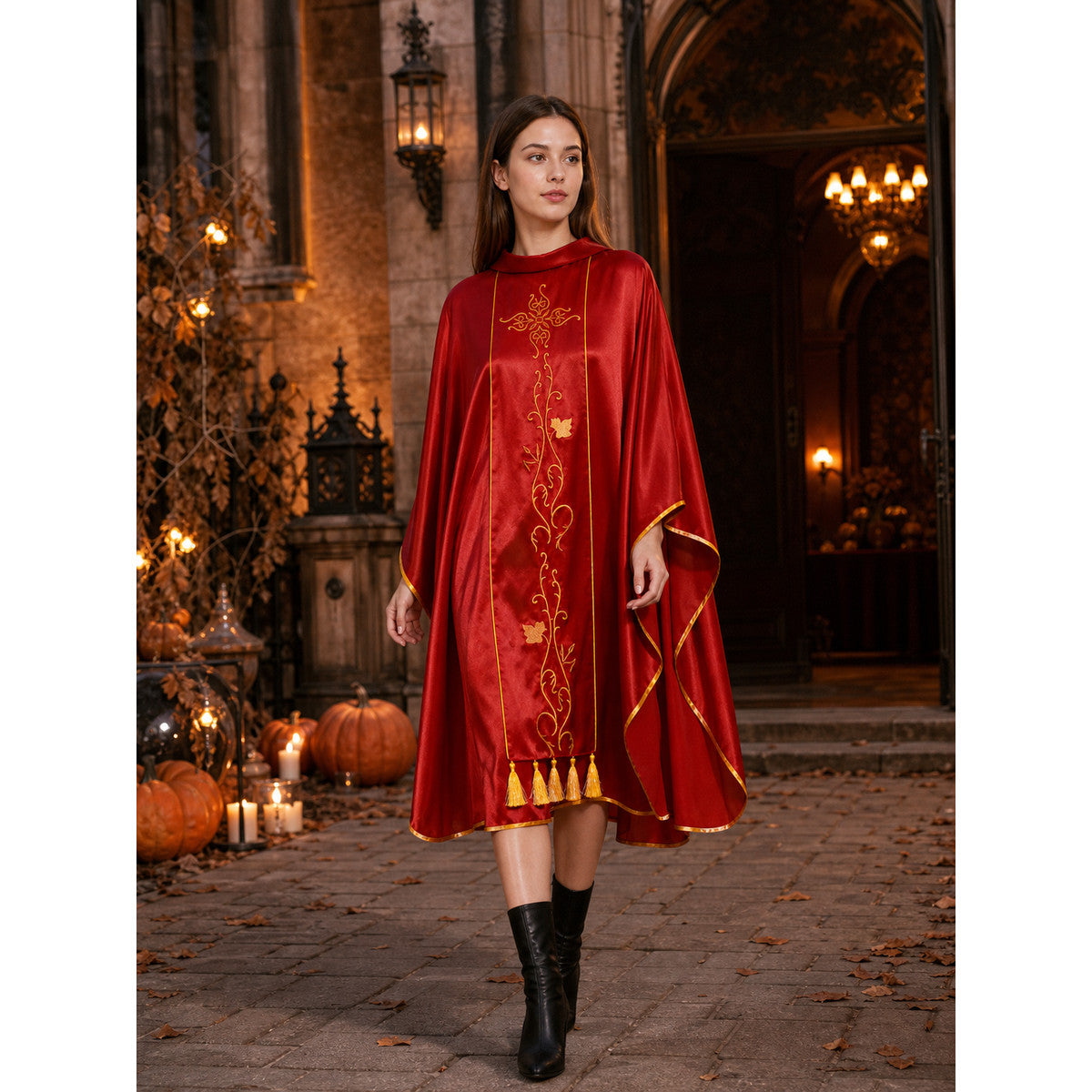 Medieval European Cosplay Vestment, Loose Sleeveless Poncho-Style Robe With Stand Collar, Gold Embroidery, Trim And Fringe For Stage Performance