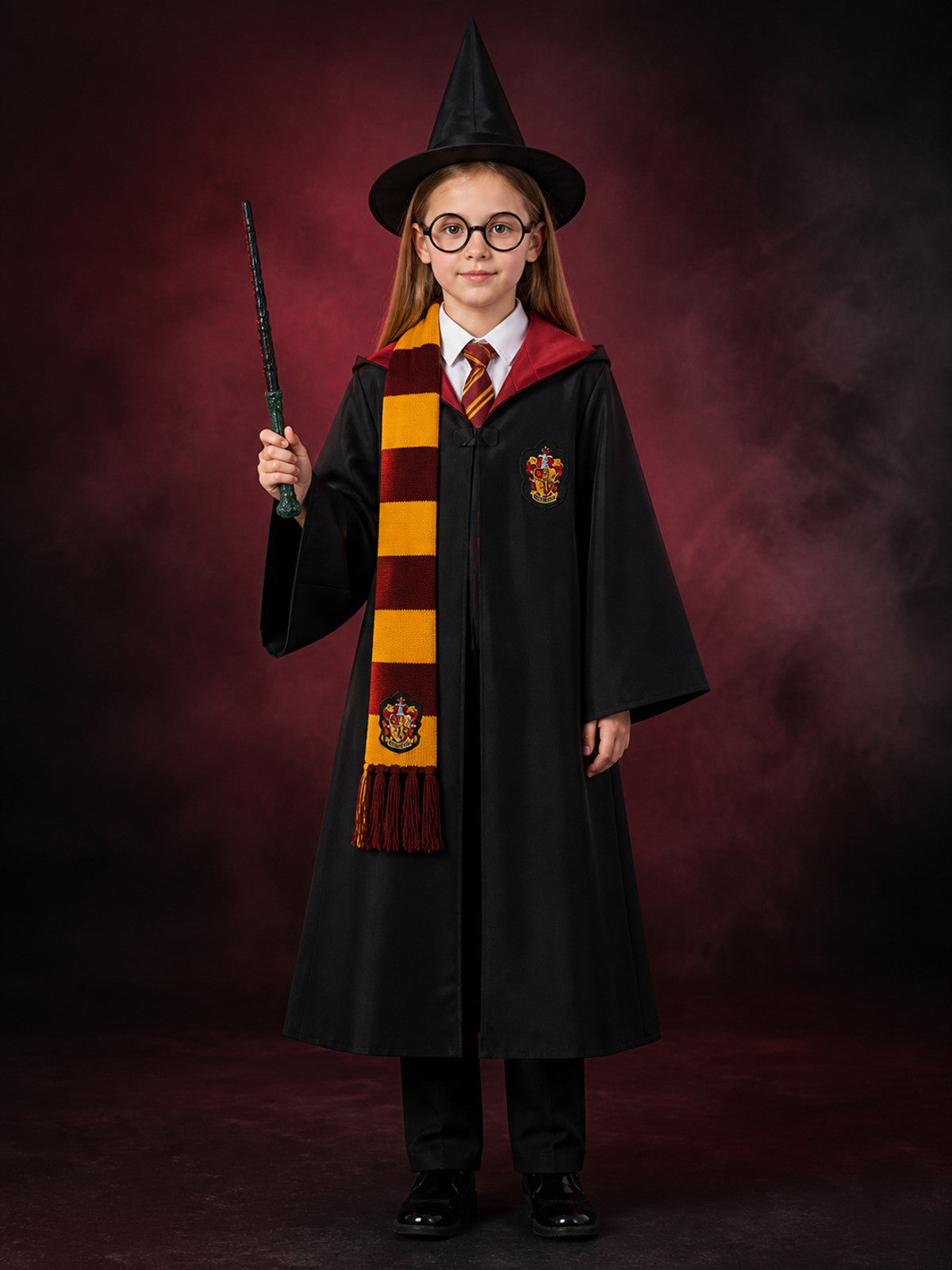 Wizard Costume Set with Hooded Robe, Scarf, Tie, Hat, Wand and Round Glasses