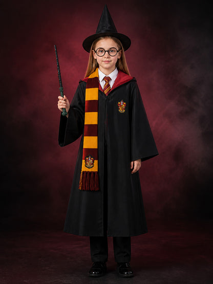 Wizard Costume Set with Hooded Robe, Scarf, Tie, Hat, Wand and Round Glasses