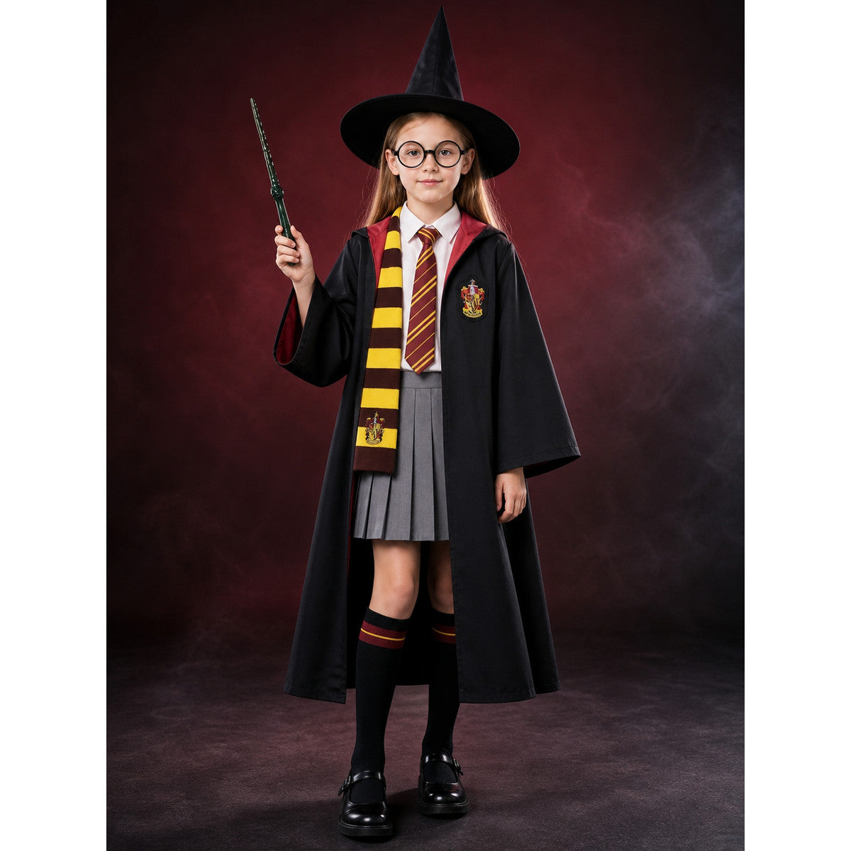 Kids Wizard Costume Set With Hooded Robe, Hat, Glasses, Wand, Scarf And Tie main product view