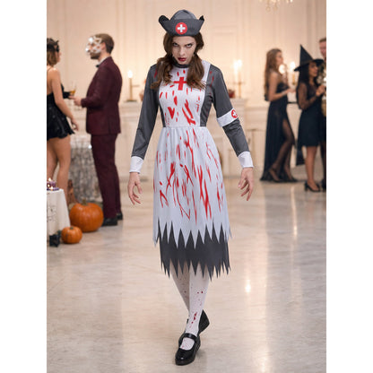Nurse Costume with Red Crosses and Blood-Like Prints