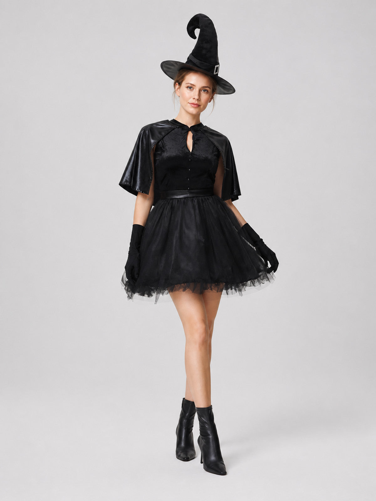 Black Witch Costume with Hat and Gloves for Halloween Costume Headwear detail