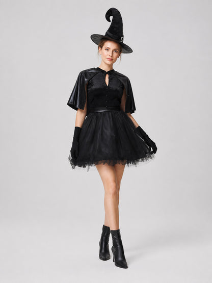 Black Witch Costume with Hat and Gloves for Halloween Costume Headwear detail