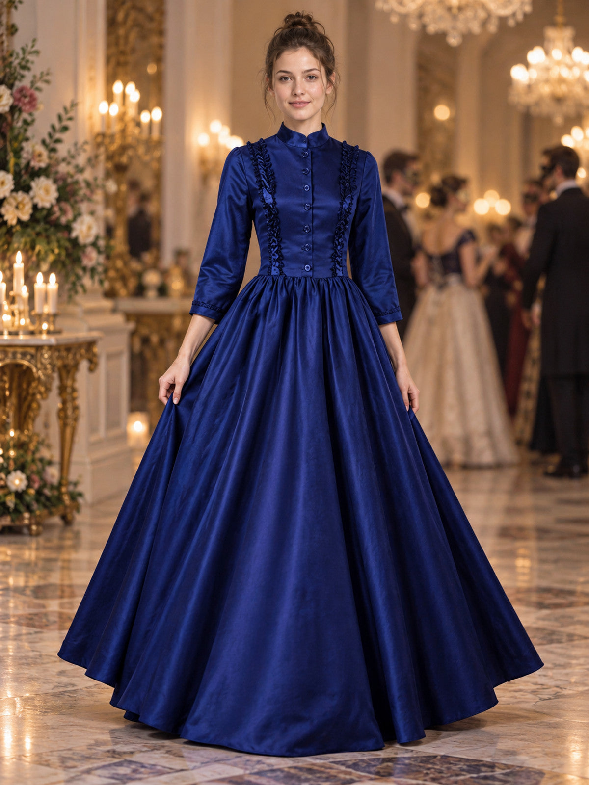 Dark blue medieval dress with a stand collar