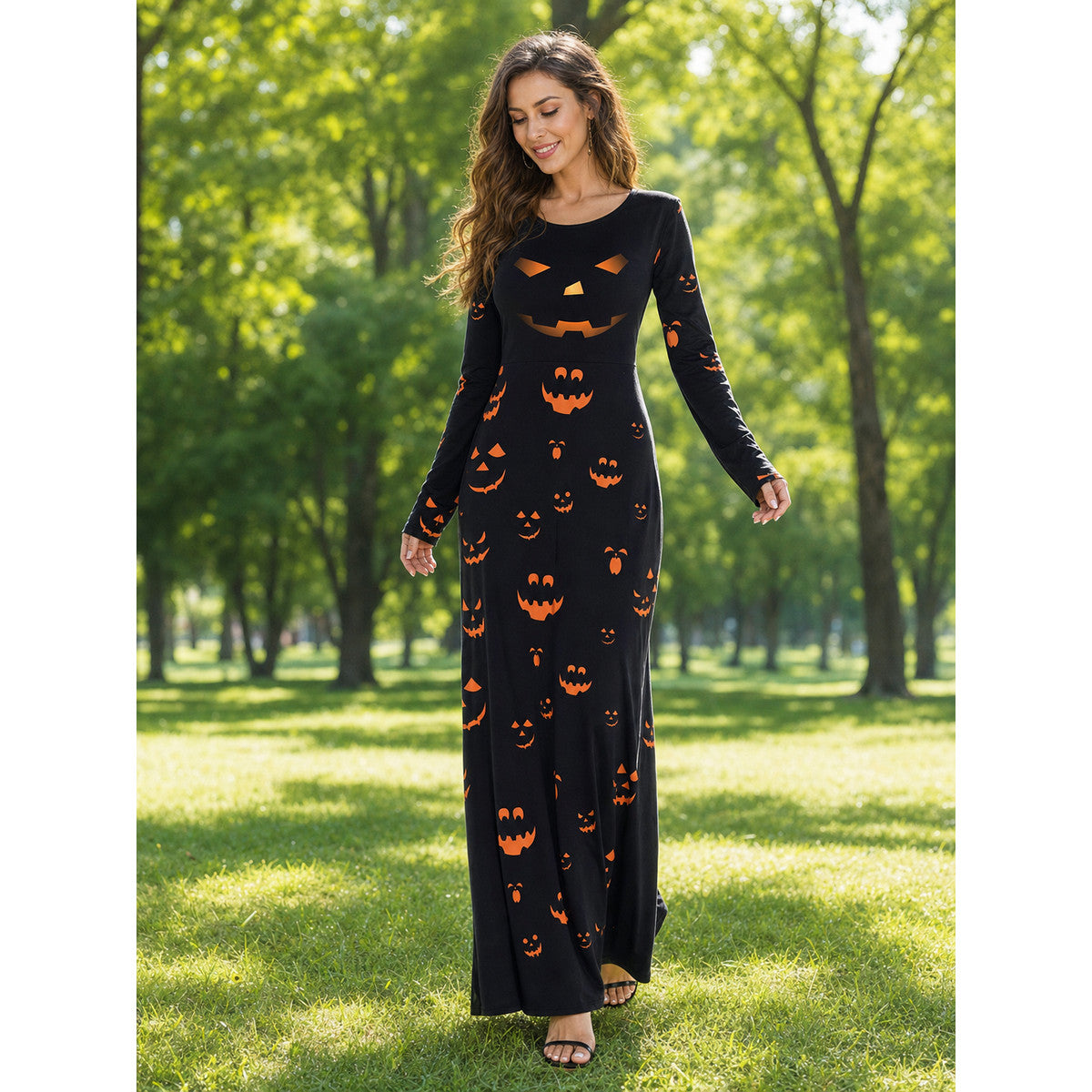 Black Halloween Maxi Dress with Pumpkin Print lifestyle view