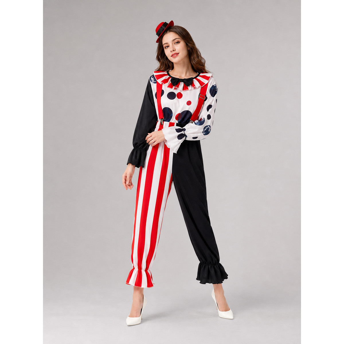 This colorful clown costume is designed for themed looks, cosplay, Halloween, costume parties, and stage performances. The set features an expressive theatrical style with a contrasting combination of white, black, and red, dark blue accent