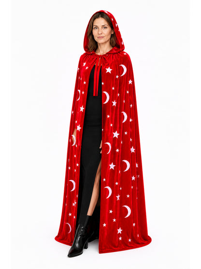 Red Hooded Cloak with Moon and Stars for Halloween